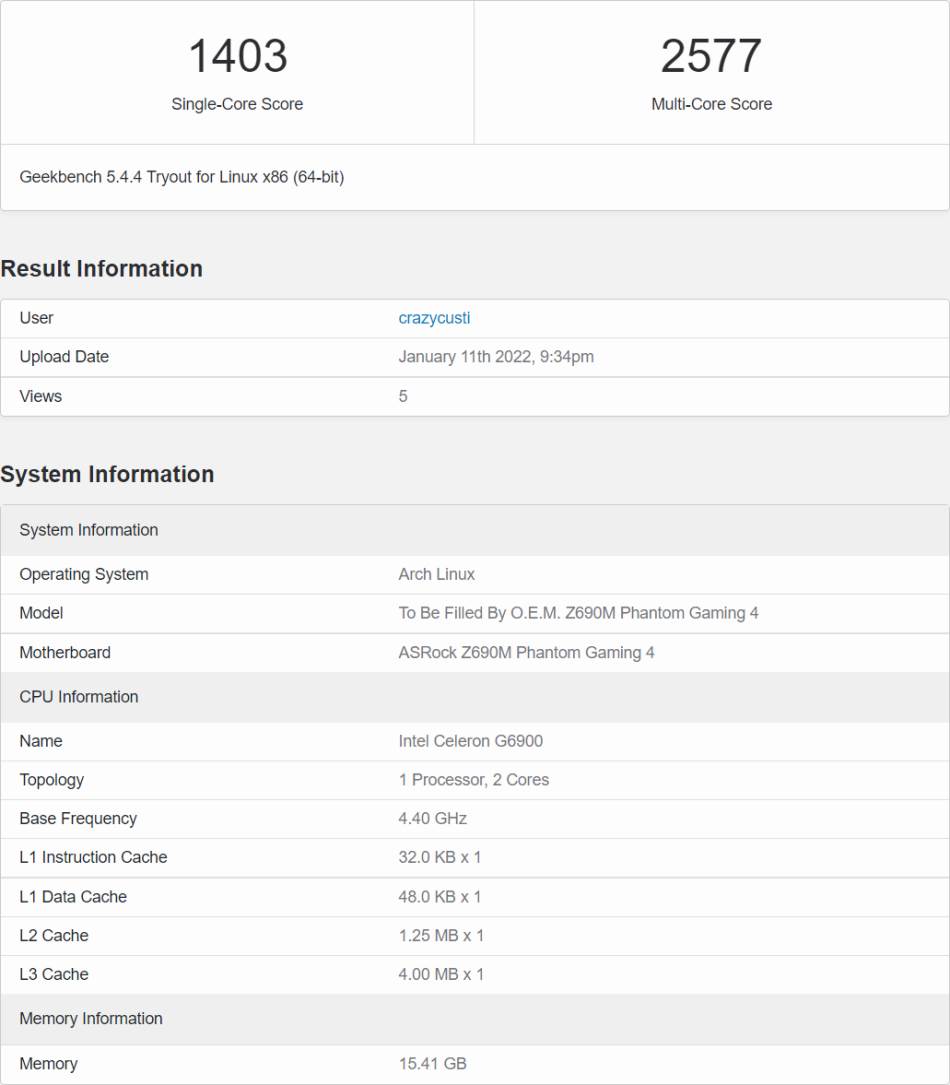 Intel Celeron G6900 Geekbench rezultati