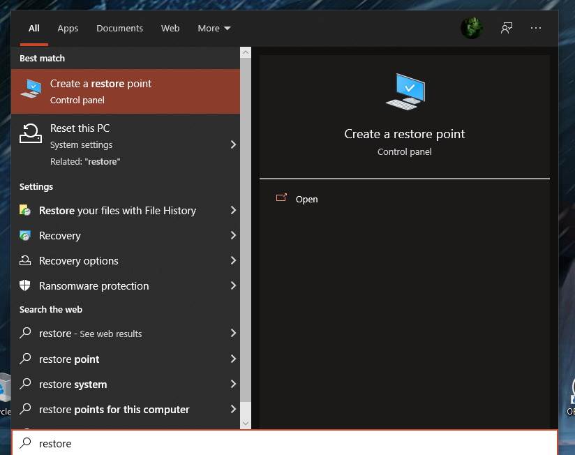 System restore u Start meniju