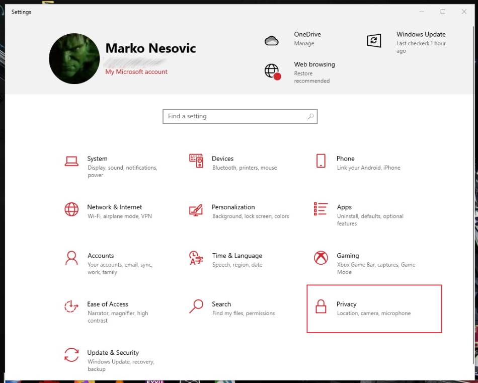Privacy deo u podešavanjima