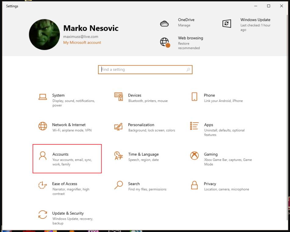 Accounts deo u podešavanjima