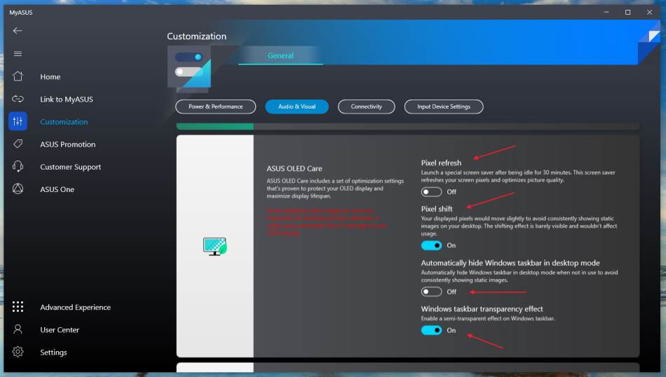 MyASUS OLED Care aplikacija