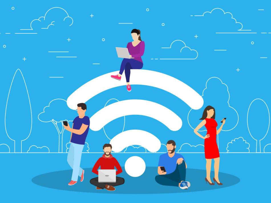 Ljudi sa uređajima oko Wi-Fi znaka