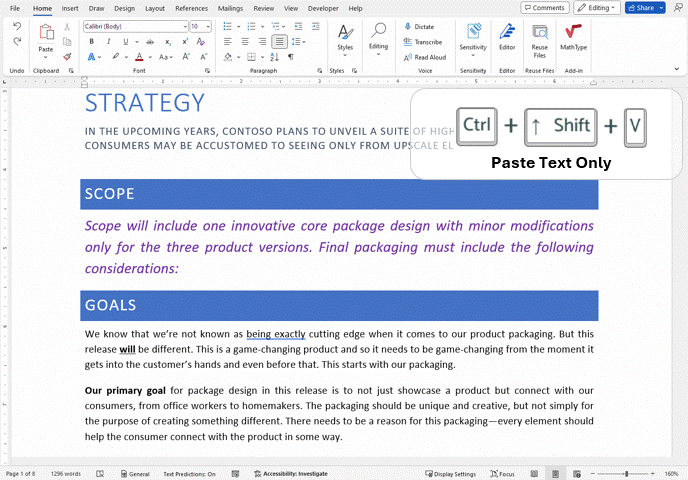 Microsoft Word prečica nalepljivanje teksta bez formatiranja
