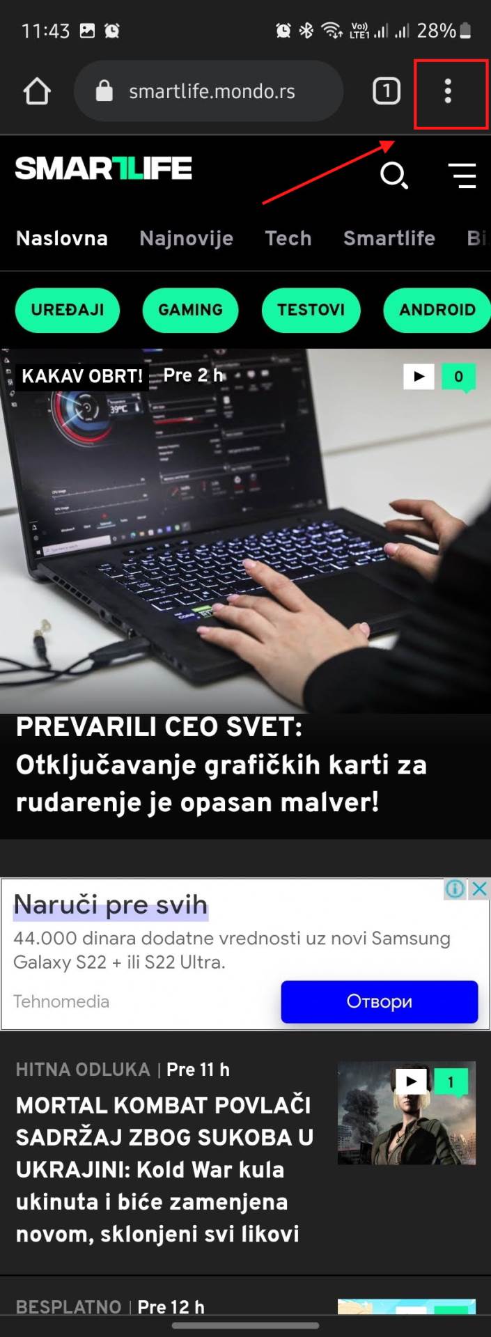 Otvaranje menija u Chrome browseru na Android telefonu